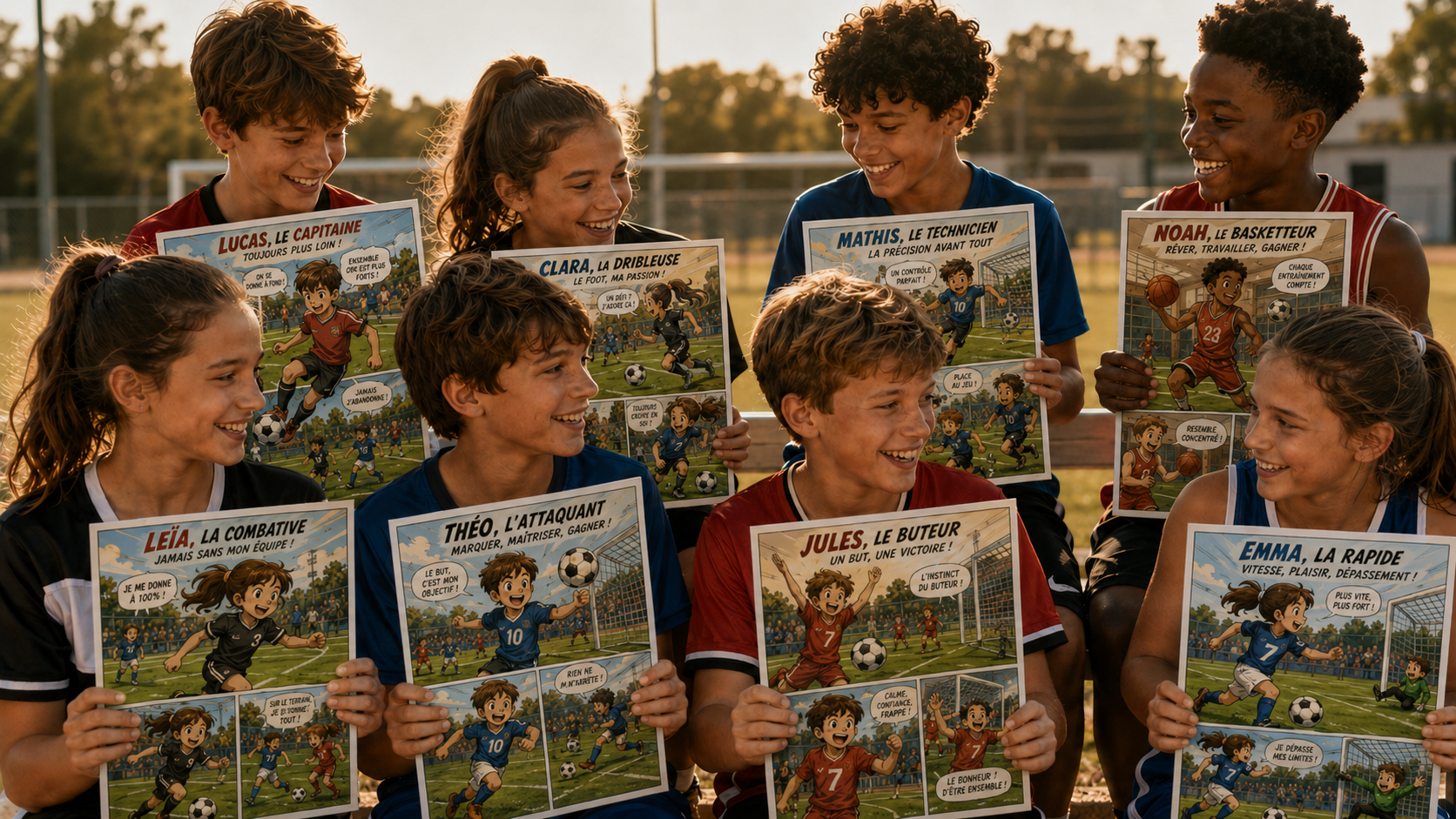 Groupe de jeunes sportifs tenant chacun leur BD personnalisée