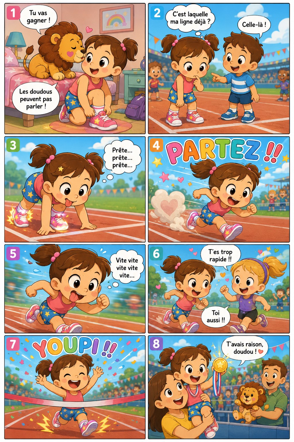 BD 8 cases — Athlétisme Léa, style cartoon enfantin