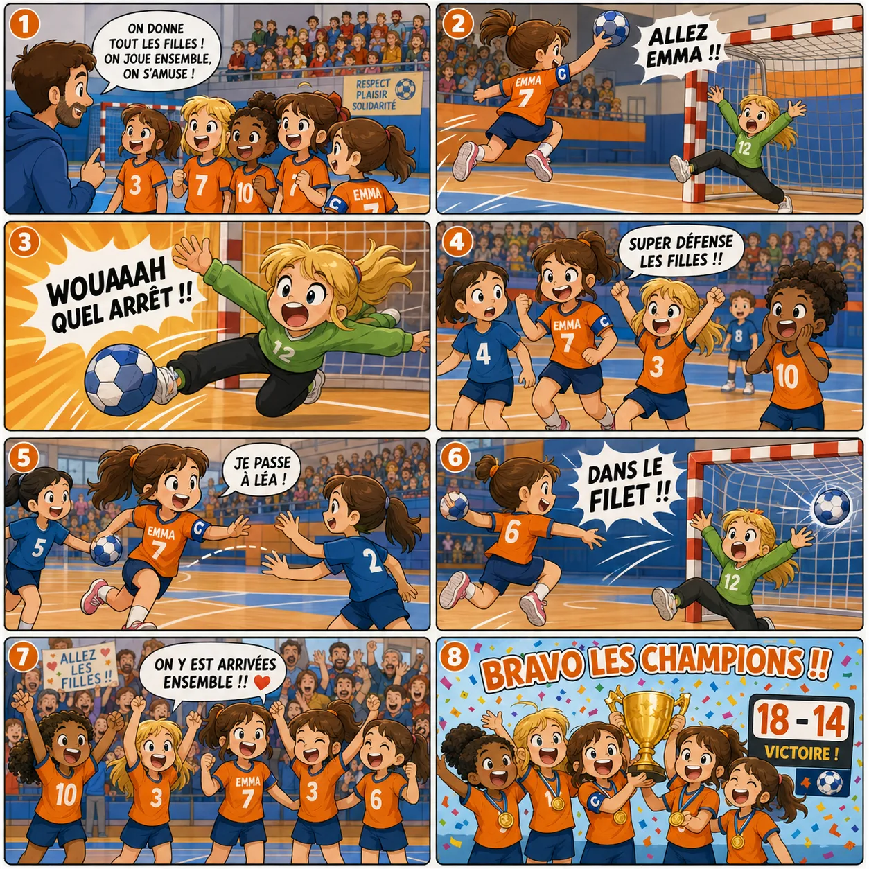 BD 8 cases — Handball filles, style dessin animé