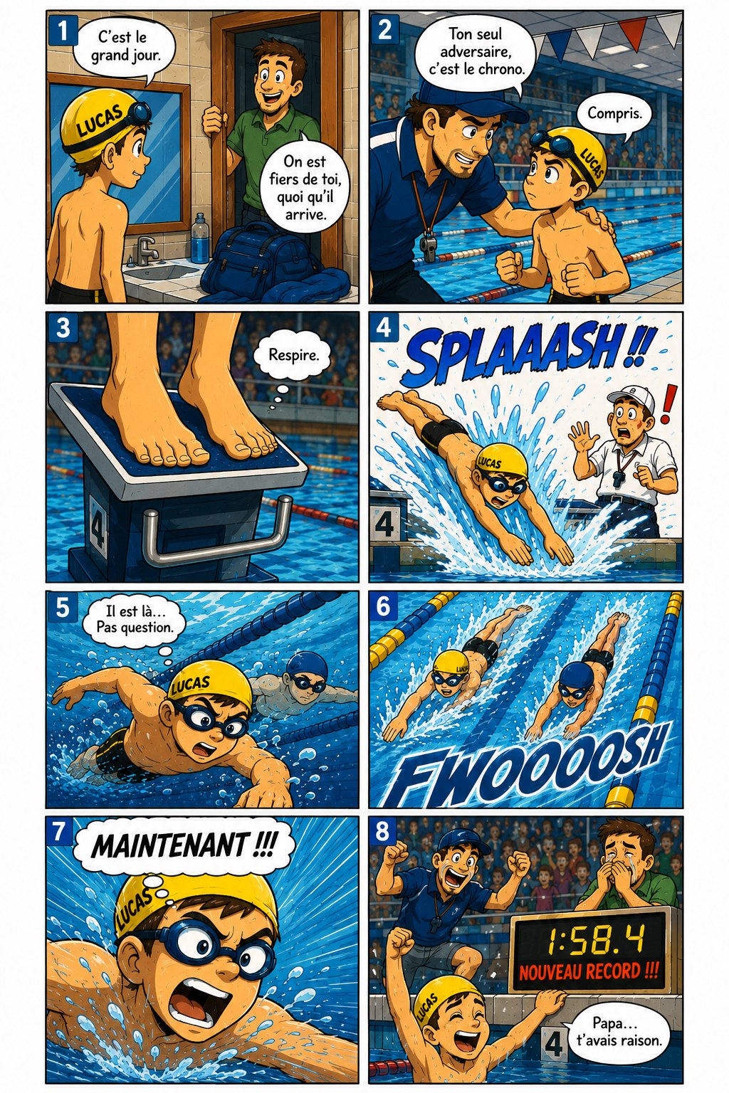 BD 8 cases — Natation Lucas, style cartoon