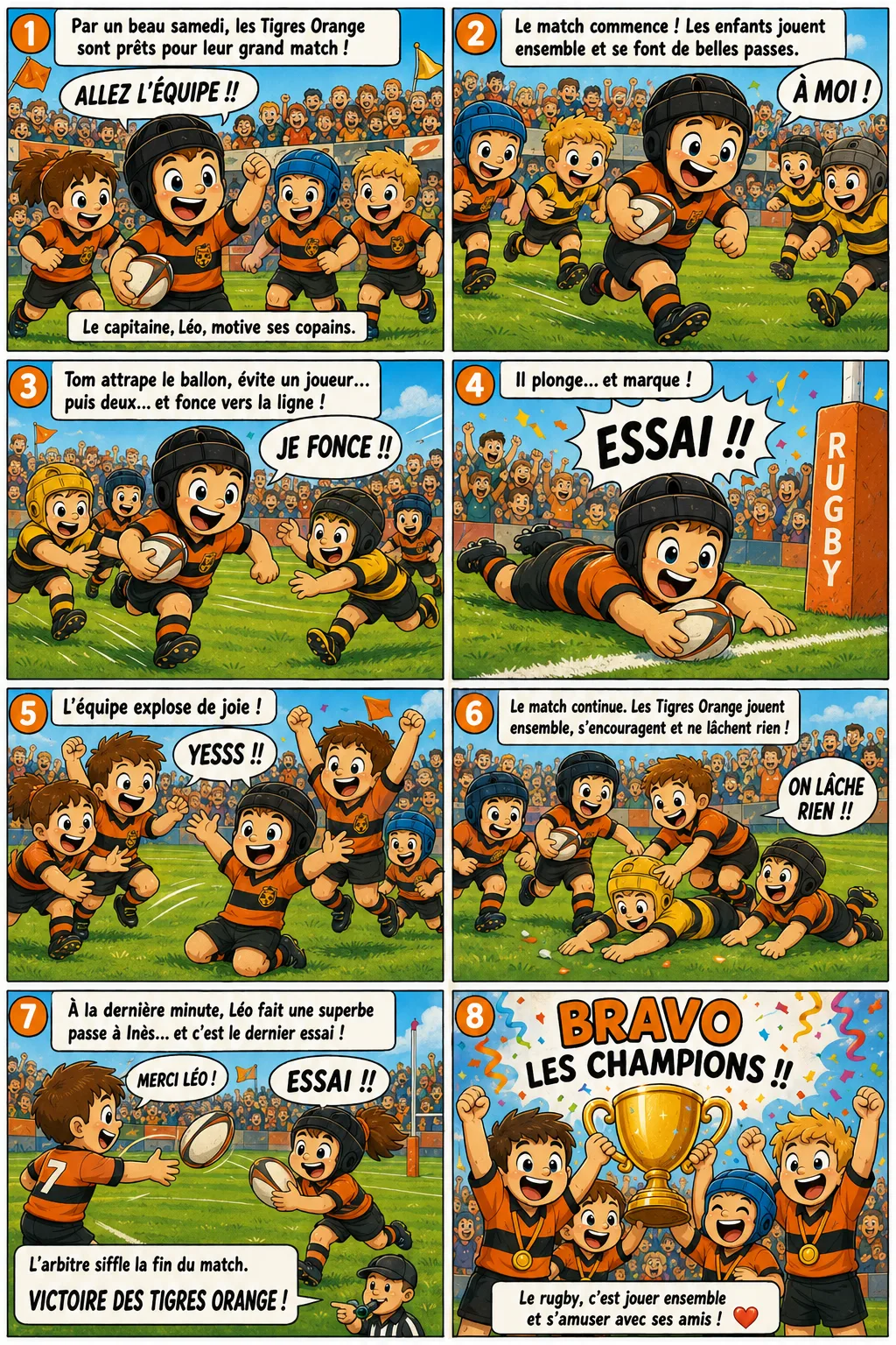 BD 8 cases — Rugby enfants, style dessin animé