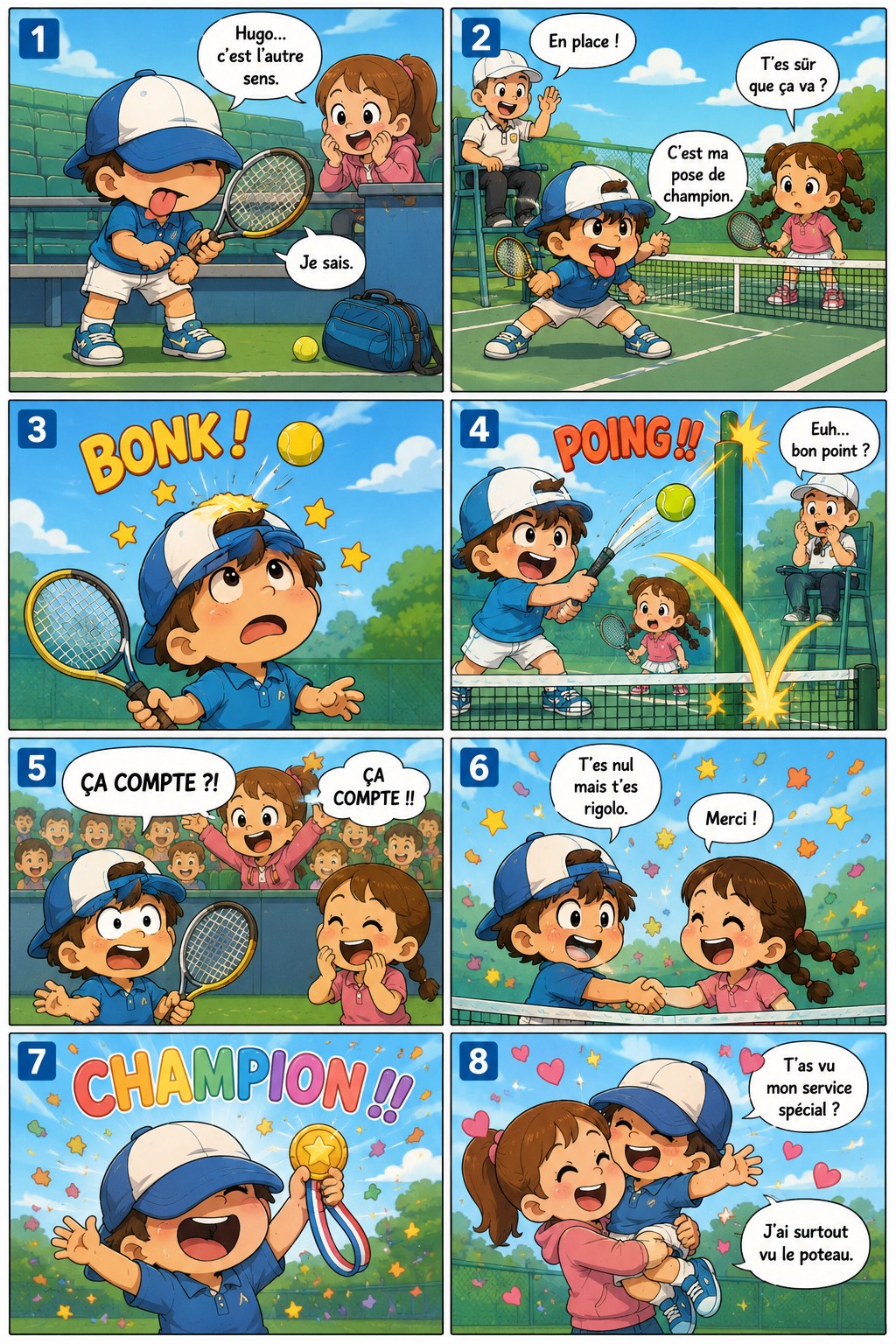 BD 8 cases — Tennis Hugo, style cartoon