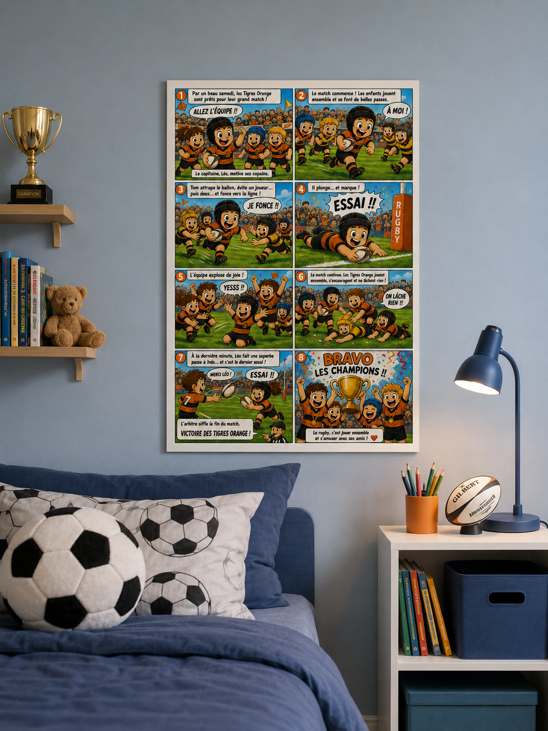 Poster BD 8 cases rugby affiché dans une chambre d'enfant