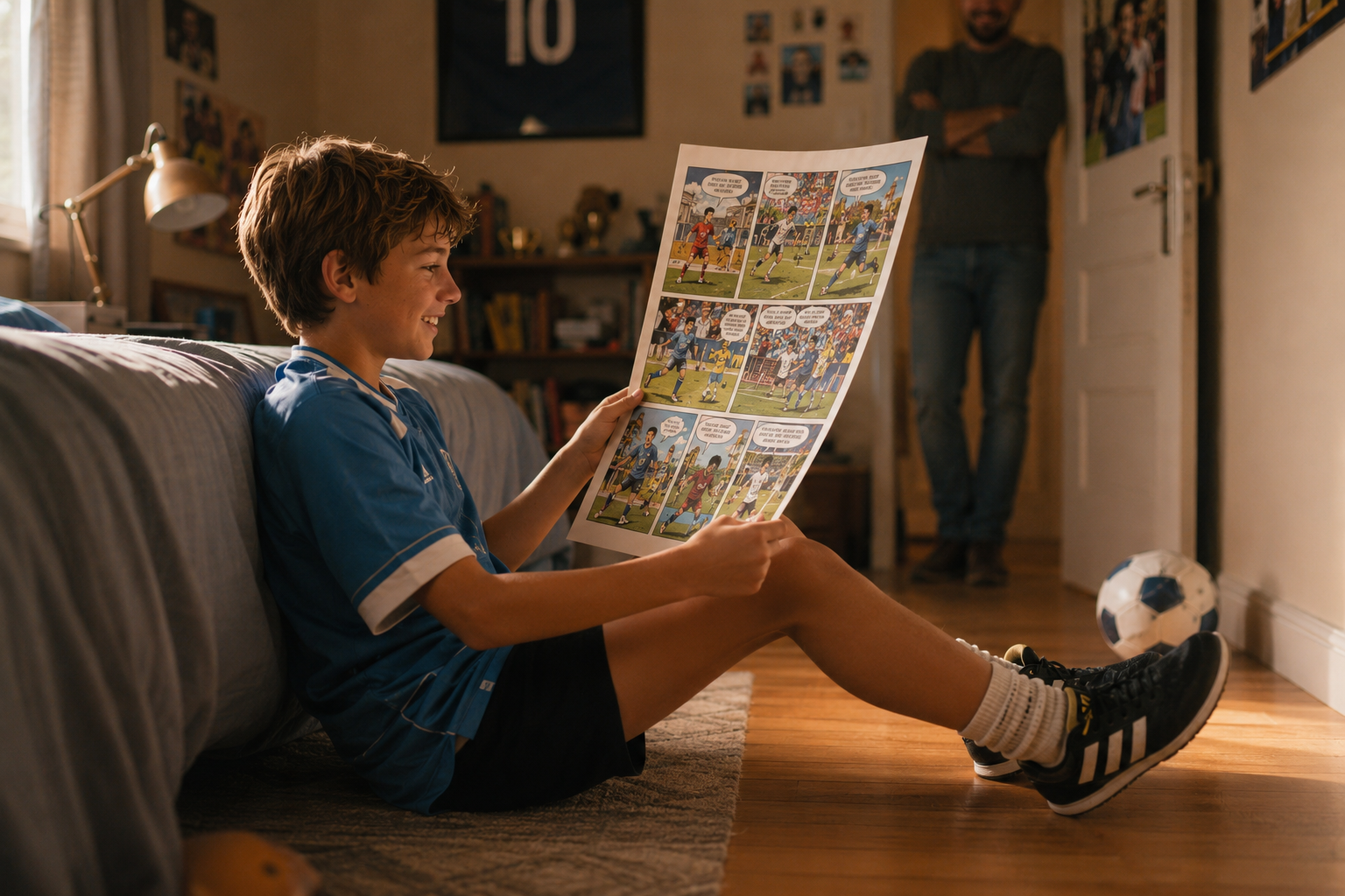 Enfant en maillot de foot lisant sa BD personnalisée dans sa chambre, son père qui l'observe en arrière-plan